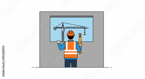 A worker wearing an orange vest and hard hat looks at a blueprint while standing in front of a construction site with a crane.