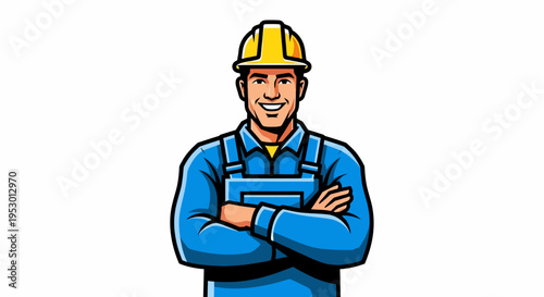 Construction Worker Smiling with Hard Hat and Overalls, Cartoon Style for Labor Industry Graphic