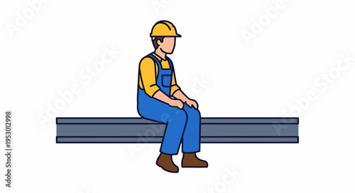 Weary Laborer Reflecting on Construction Beam with Yellow Hardhat and Overalls