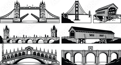 Black and white vector illustration set of famous global bridge landmarks featuring Tower Bridge Golden Gate Rialto and traditional rustic wooden covered bridges