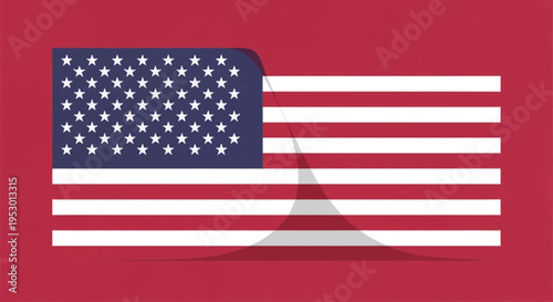 Flat vector illustration of the United States American flag with a peeling paper effect on a solid red background, featuring the blue canton with white stars and red stripes.