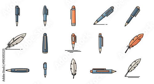 A collection of fifteen flat vector icons featuring various writing instruments, including ballpoint pens, fountain pens, and quill feathers in a blue and orange color scheme.