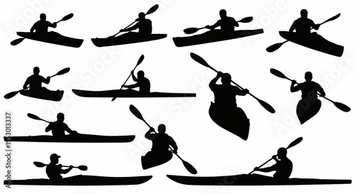 Set of black silhouettes of male kayakers in various positions holding paddles, featuring side, front, and three-quarter views isolated on a white background for easy extraction.