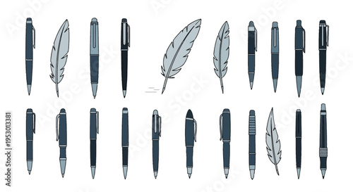 Vector icon set featuring various writing instruments including ballpoint pens, rollerball pens, and feather quills in a flat graphic style with blue and grey tones isolated on white background.