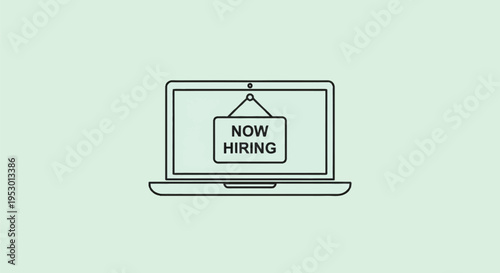 Minimalist black line vector icon of an open laptop computer featuring a rectangular hanging sign with text NOW HIRING displayed on the screen over a plain light green background.