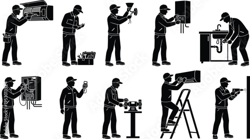 Black silhouettes of professional technicians repairing air conditioner plumbing electrical wiring and heater for home maintenance service and industrial repair work set