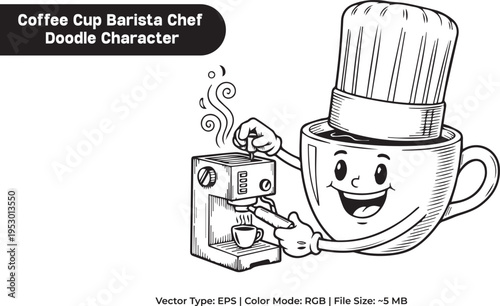 Coffee Cup Barista Chef Character Operating Espresso Machine Vector Doodle
