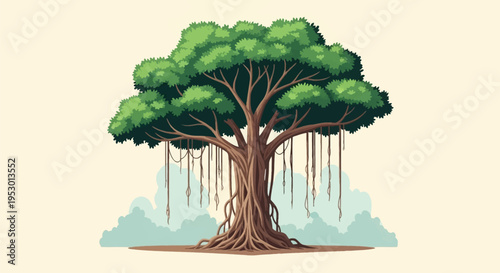 Vector illustration of a large banyan tree featuring a thick textured trunk with tangled aerial roots, long prop roots hanging from branches, and a dense green canopy of leaves.