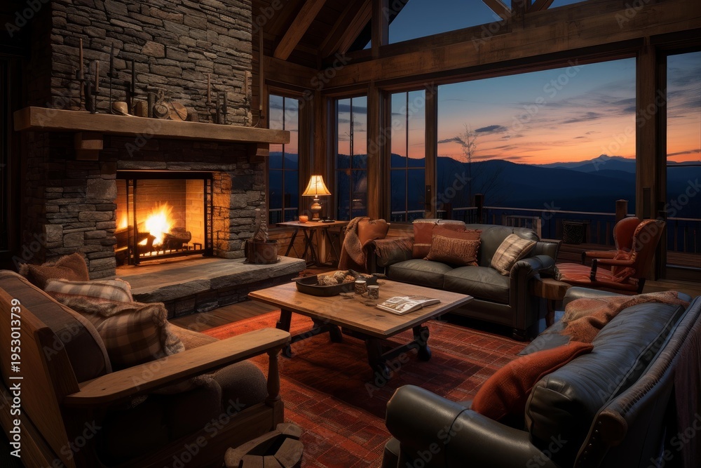 Fototapeta premium Warm living room featuring a stone fireplace, comfortable couches, and an expansive sunset mountain landscape view