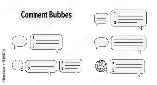 A collection of various speech bubble designs with placeholder text and numerical labeling icons
