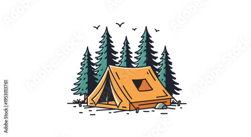 Vector illustration of an orange A-frame camping tent pitched in a coniferous pine tree forest with birds flying overhead, isolated on a white background in minimalist line art style.