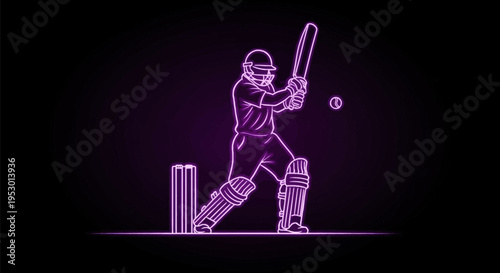 Neon purple outline of a cricket batsman in a batting stance hitting a ball with a bat near wickets, glowing light effect vector illustration on a solid black background.