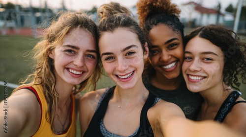 Friends enjoy time together after sports practice at a local field during the evening while taking a group selfie