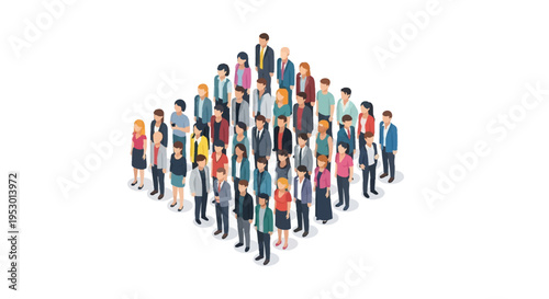 Isometric vector illustration of a diverse crowd of people, business professionals and casual characters standing together in a diamond formation isolated on a white background.