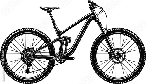 Black silhouette of mountain bike with full suspension and knobby tires for off road cycling trail adventure extreme sports and outdoor fitness