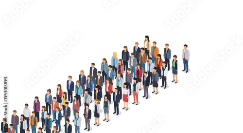 Isometric vector flat illustration of a large crowd of diverse men and women in professional attire standing in a long winding queue on a plain white background for social themes.