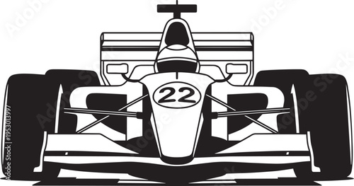 A detailed black and white line art illustration of a formula one race car numbered twenty two