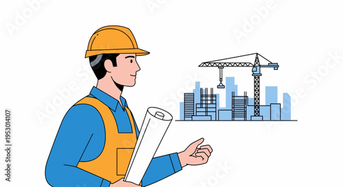 Labor Worker Presents Blueprints Over Cityscape with Crane, Illustrated View from Left Side