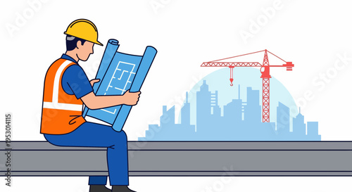 Construction worker studies blueprints on city ledge beside a crane, focused and professional