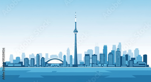Stylized vector illustration of the Toronto city skyline featuring the CN Tower, Rogers Centre stadium, and urban skyscrapers in a monochromatic blue color palette over water.