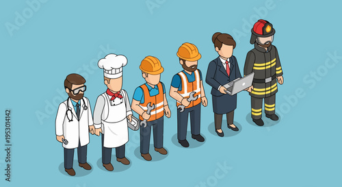 Six Cartoon Professionals Line Up on a Light Blue Background, Educational Illustration