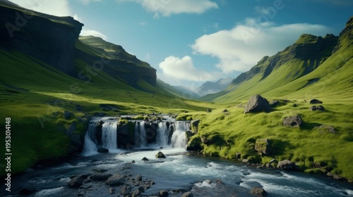A photo of a serene waterfall surrounded by rolling hills.