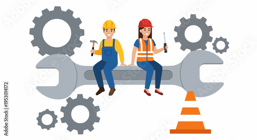 Laboring Workers on a Giant Wrench with Tools - Cartoon Illustration of Collaborative Mechanics in a Construction Setting