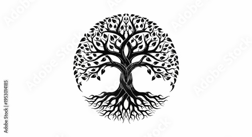 Circular black silhouette of a tree of life featuring symmetrical winding branches and a deep intricate root system with small leaves, isolated on a plain white background.