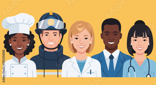 Chef, Firefighter, Doctor, Businessman, and Nurse in Bright Yellow Setting
