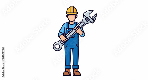 Cartoon Worker in Blue Shirt and Yellow Hardhat Holding Large Silver Wrench in Industrial Labor Action Scene