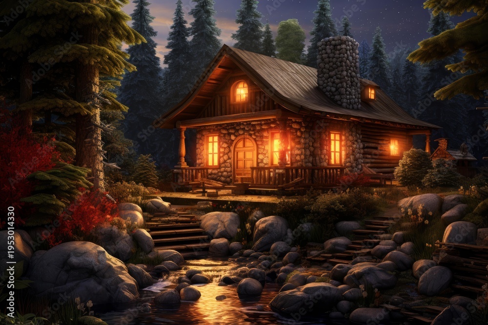Obraz premium Stone and log cabin glowing warmly by a moonlit forest stream and pine trees at night