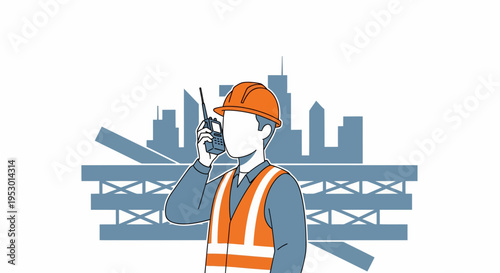 Labor Worker Construction in Front of City Skyline with Bridge and Scaffolding in Flat-Style Illustration