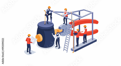 Labor and workers assemble a machine on a ladder, in a construction illustration on a white backdrop, showing maintenance steps from a close-up view.