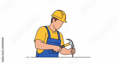 Laborer with Hammer in Cartoon Construction Scene, Central Worker, Bright Yellow Hard Hat, Simple White Background