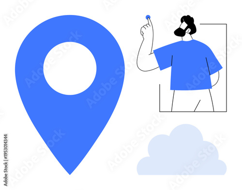 Navigation, location tracking, technology services, communication, cloud storage, personal data. Blue map pin, person placing a marker cloud icon. Navigation and location tracking concepts