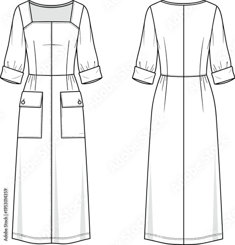 Technical Flat Sketch of Long Sleeve Pleated Mini Dress with Pussy Bow Neckline Front and Back View Fashion Illustration Design Template