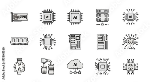 Minimal line icons representing artificial intelligence hardware components including GPU, AI chips, server racks, RAM, motherboards, cloud systems, and integrated circuits.