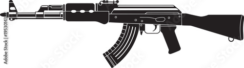 A detailed black silhouette graphic of an iconic ak47 assault rifle isolated on white background