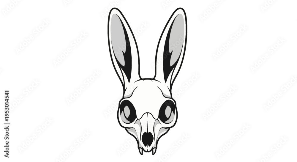 Obraz premium Detailed vector illustration of a rabbit skull head with upright ears, minimalist black and white line art, frontal view anatomy of a lagomorph cranium on white background.