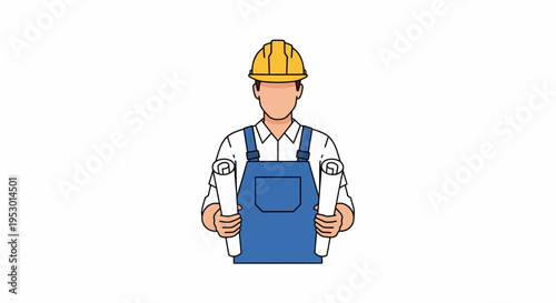 Labor worker showcases construction documents in a centered icon, holding rolled papers beside a yellow hardhat, viewed from front in a clear setting