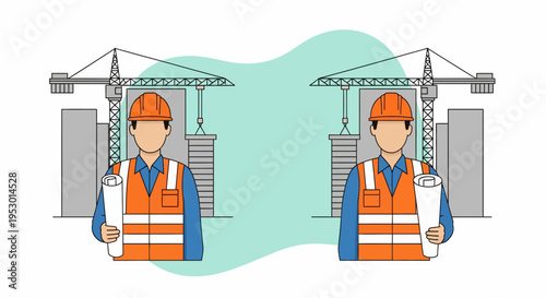 Construction Workers with Hardhats Inspecting Blueprints at a Construction Site, Front View Graphic Illustration