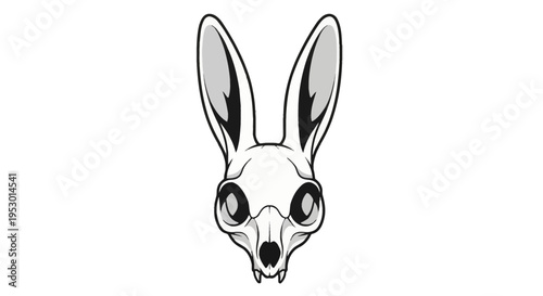 Detailed vector illustration of a rabbit skull head with upright ears, minimalist black and white line art, frontal view anatomy of a lagomorph cranium on white background.