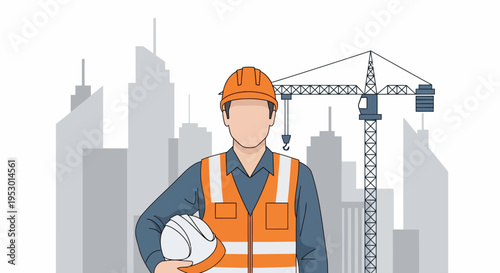 Construction worker and labor oversee city skyline and crane in safety illustration