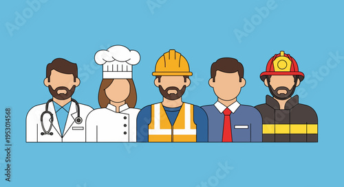 Illustrated Portraits of Doctor, Chef, Construction Worker, Businessman, Firefighter, and Labor Force in a Vibrant Cityscape
