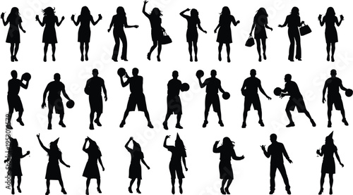 Black silhouettes of men and women in diverse poses including fashion modeling, basketball actions, and dancing gestures, arranged in rows, perfect for design, animation, and creative artwork 