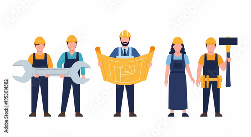 Five construction workers and laborers collaborating on site, showcasing tools and teamwork in a clean white background illustration