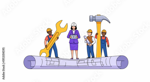 Workers labor on a rolled blueprint, showcasing teamwork in construction, set on a white backdrop, illustrated in bright colors from a side view