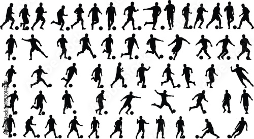 Black silhouettes of soccer players in diverse action poses including dribbling, running, kicking, and striking with ball, arranged in rows, perfect for sports design, animation, and creative artwork 