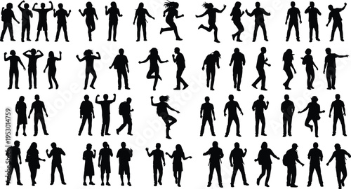 Collection of black human silhouettes in dynamic poses including walking, dancing, jumping, and gesturing, arranged in grid format, ideal for animation, design, and posture studies.