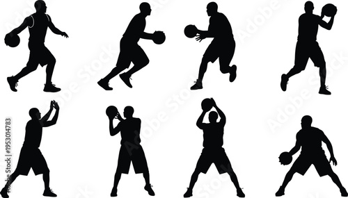 Eight black silhouettes of basketball players in dynamic poses including dribbling, passing, shooting, and jumping with ball and hoop, perfect for sports design, animation, and creative artwork 
